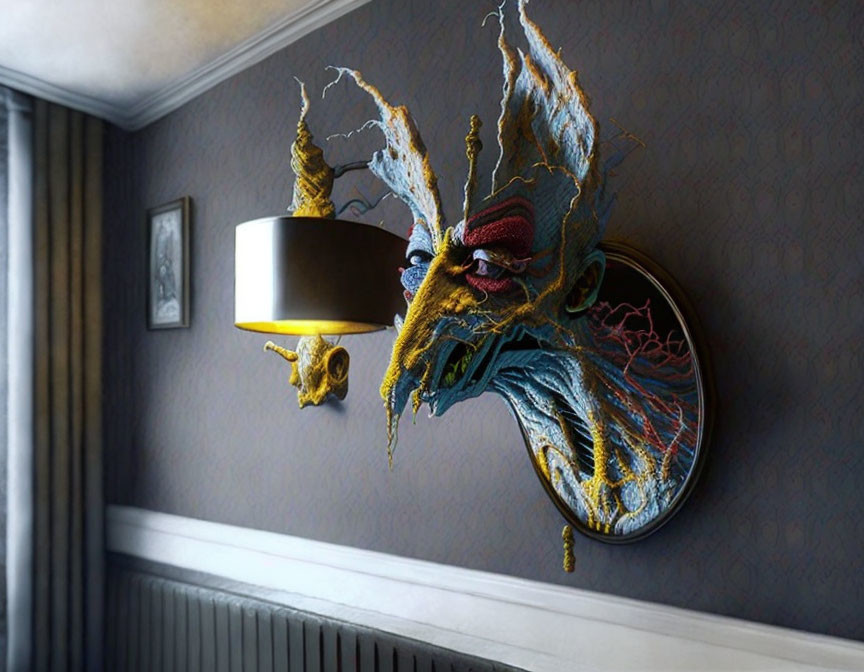 Intricate dragon wall sculpture blending into lamp in dark room