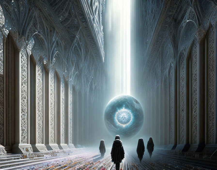 Gothic hall with glowing orb and cloaked figures