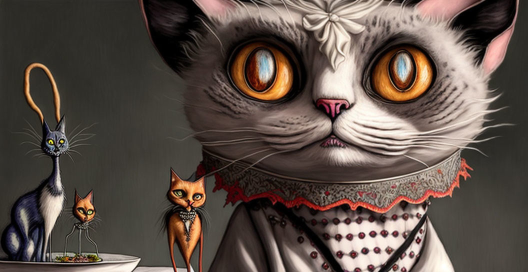 Exaggeratedly large-headed gray cat with ruffled collar and pearls, flanked by two styl