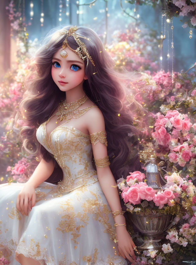 Fantasy character with blue eyes and long wavy hair in gold-accented white dress among magical