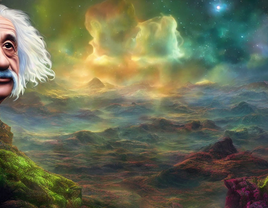 Colorful nebula and white-haired man in surreal landscape