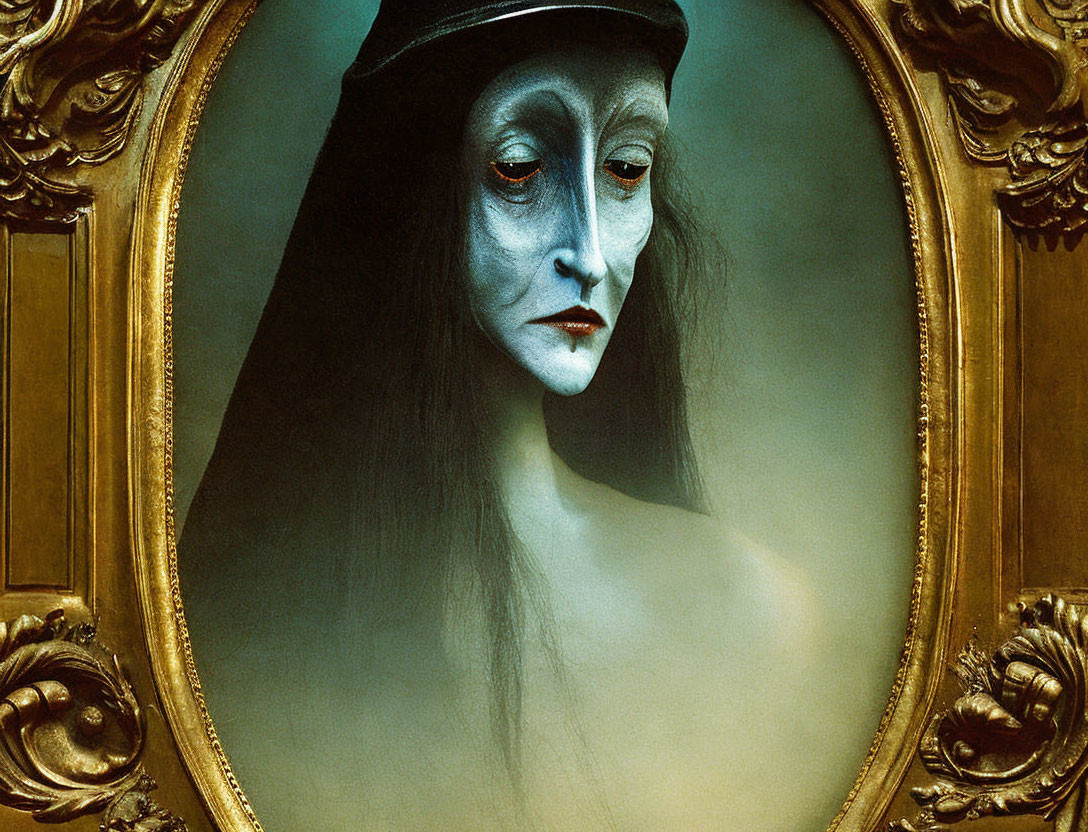 Pale-faced woman with red lips in ornate frame blending classical and gothic aesthetics