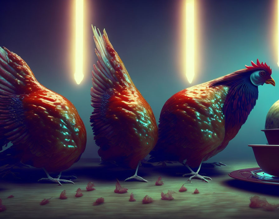 Chickens pecking grains under warm lights against dark background