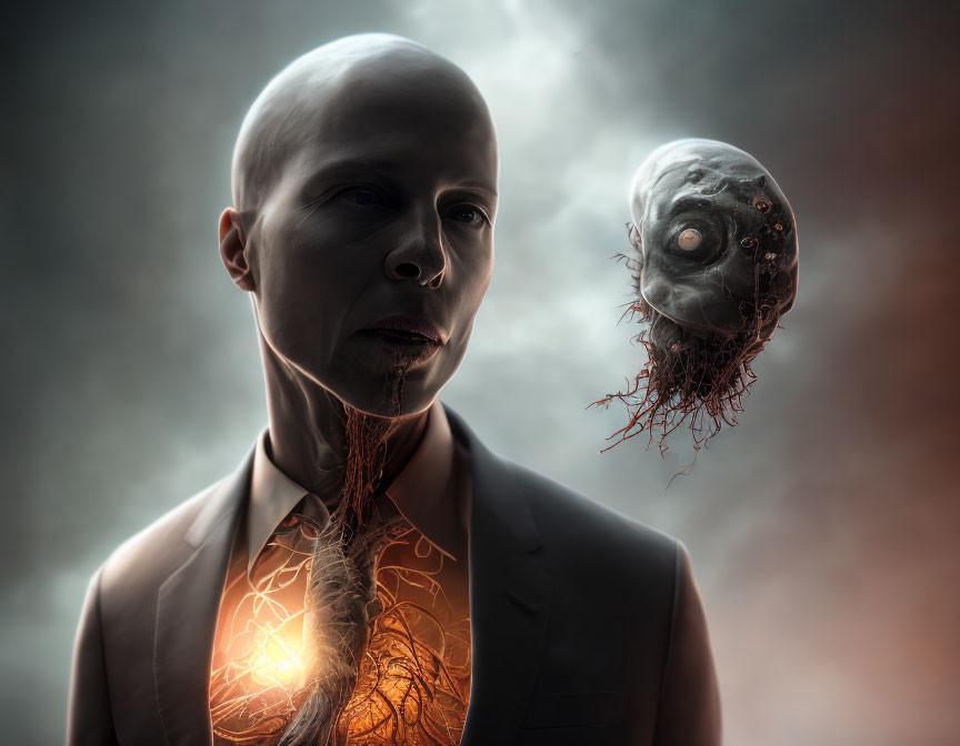 Bald Person with Detached Decaying Head Floating in Gloomy Scene