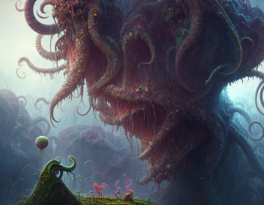 Fantastical creature with swirling tentacles in misty landscape.