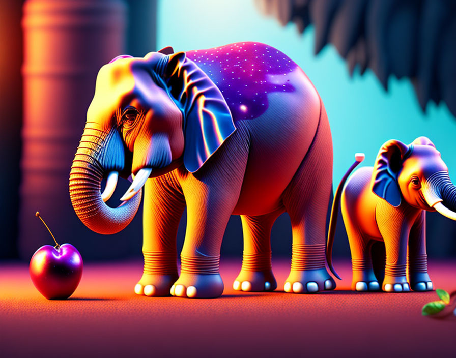 Colorful Cartoon Elephants Next to Glowing Cherry Under Warm Light