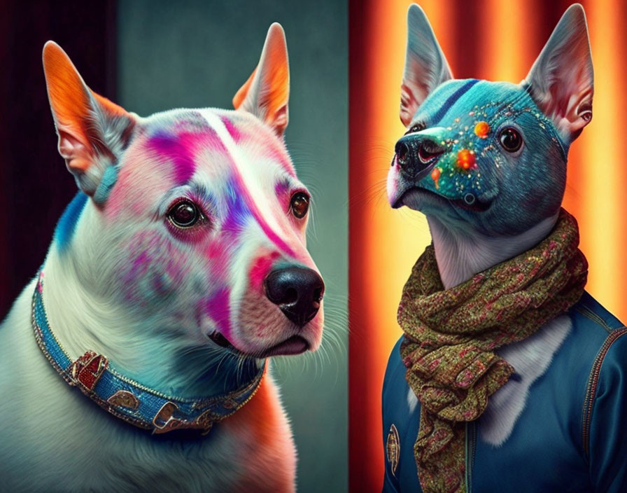 Colorful Stylized Dog Portraits in Human-like Clothing & Accessories