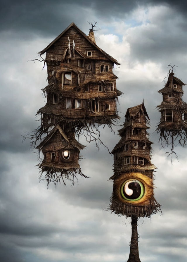 Whimsical treehouses with expressive eyes in a fantastical setting