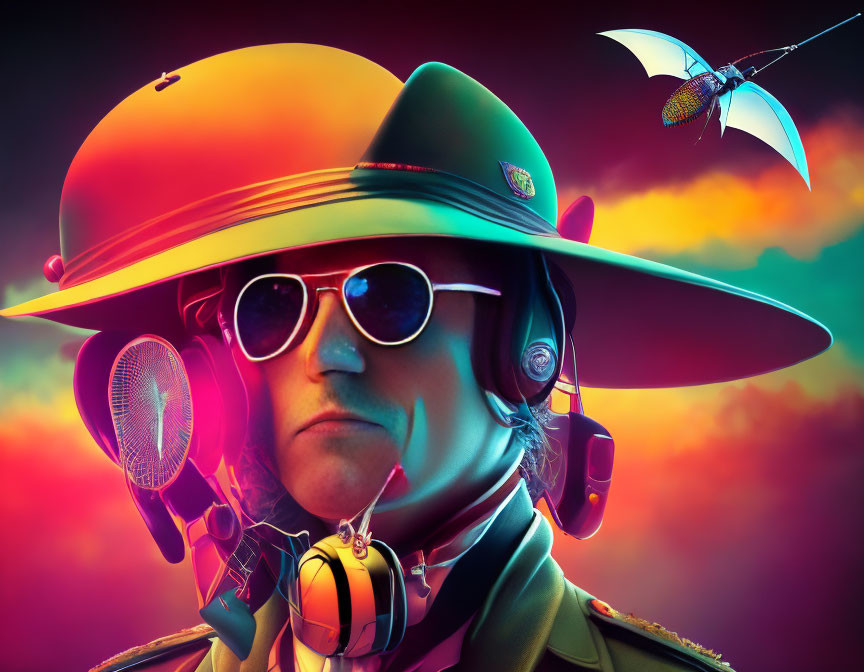 Stylized character in green hat with headphones and sunglasses against colorful sky.