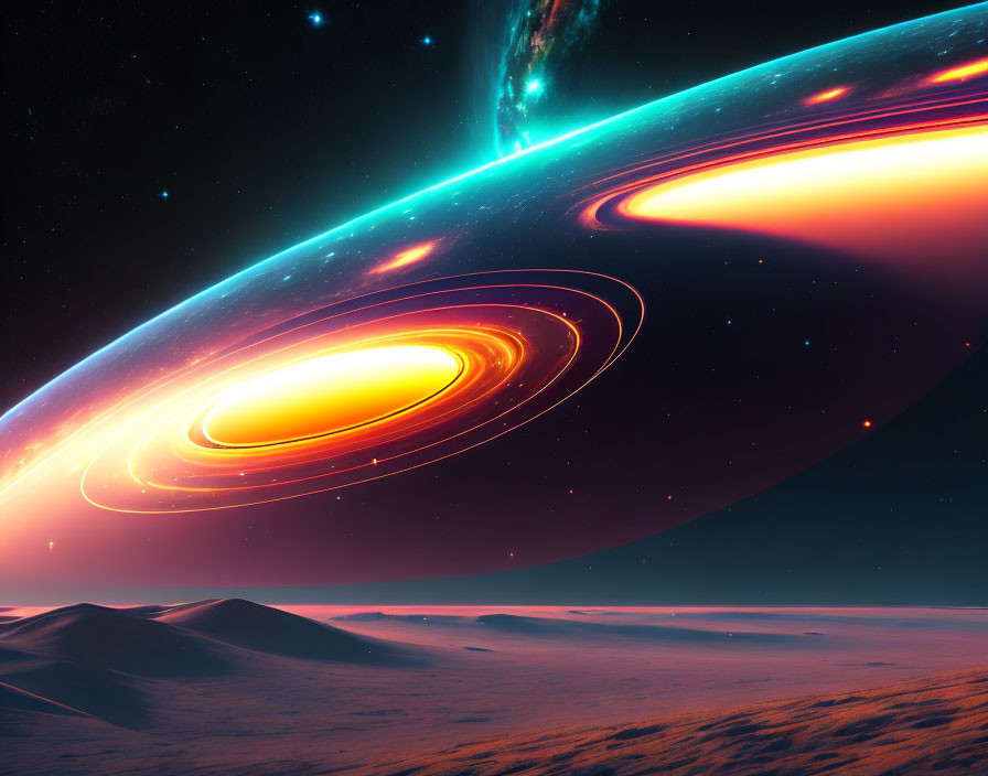 Surreal alien landscape with glowing planetary rings