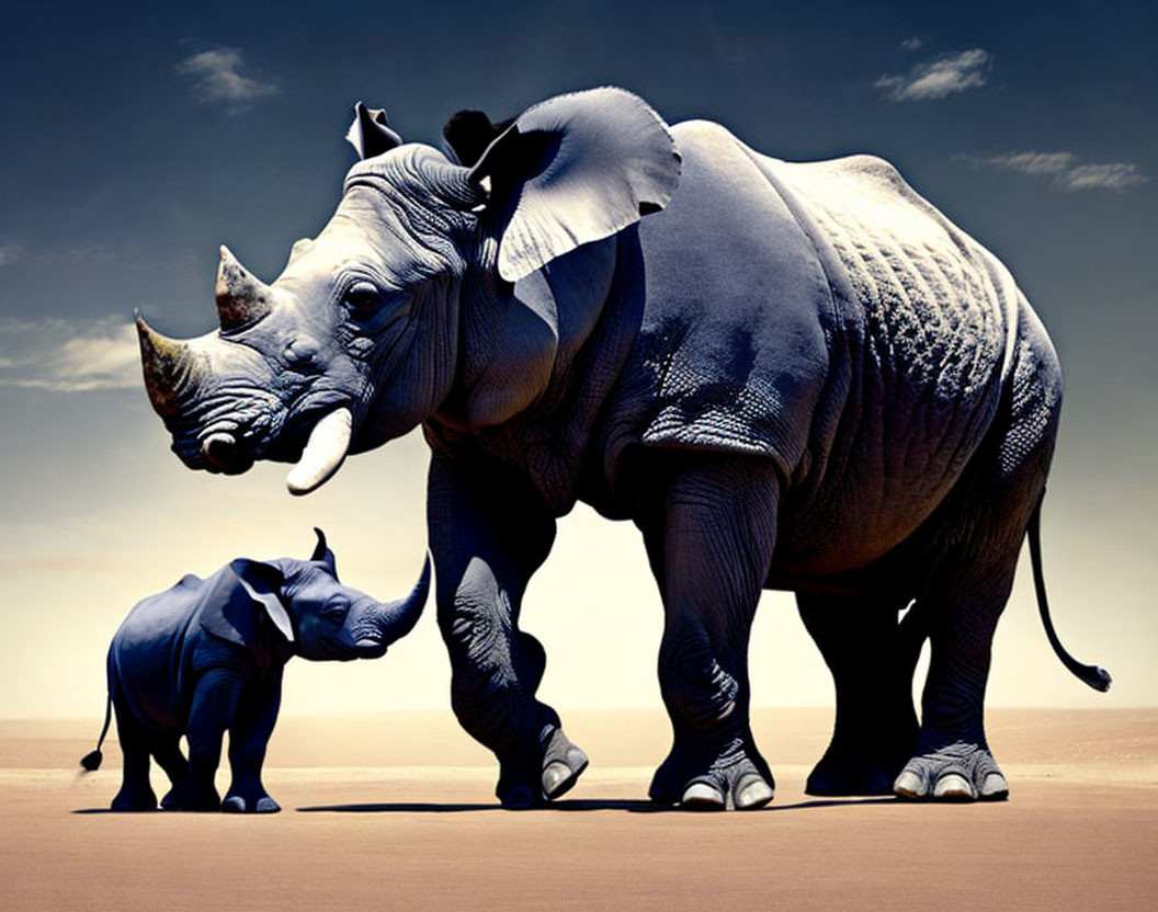 Digitally altered image of elephant with rhinoceros head and small blue elephant in desert.