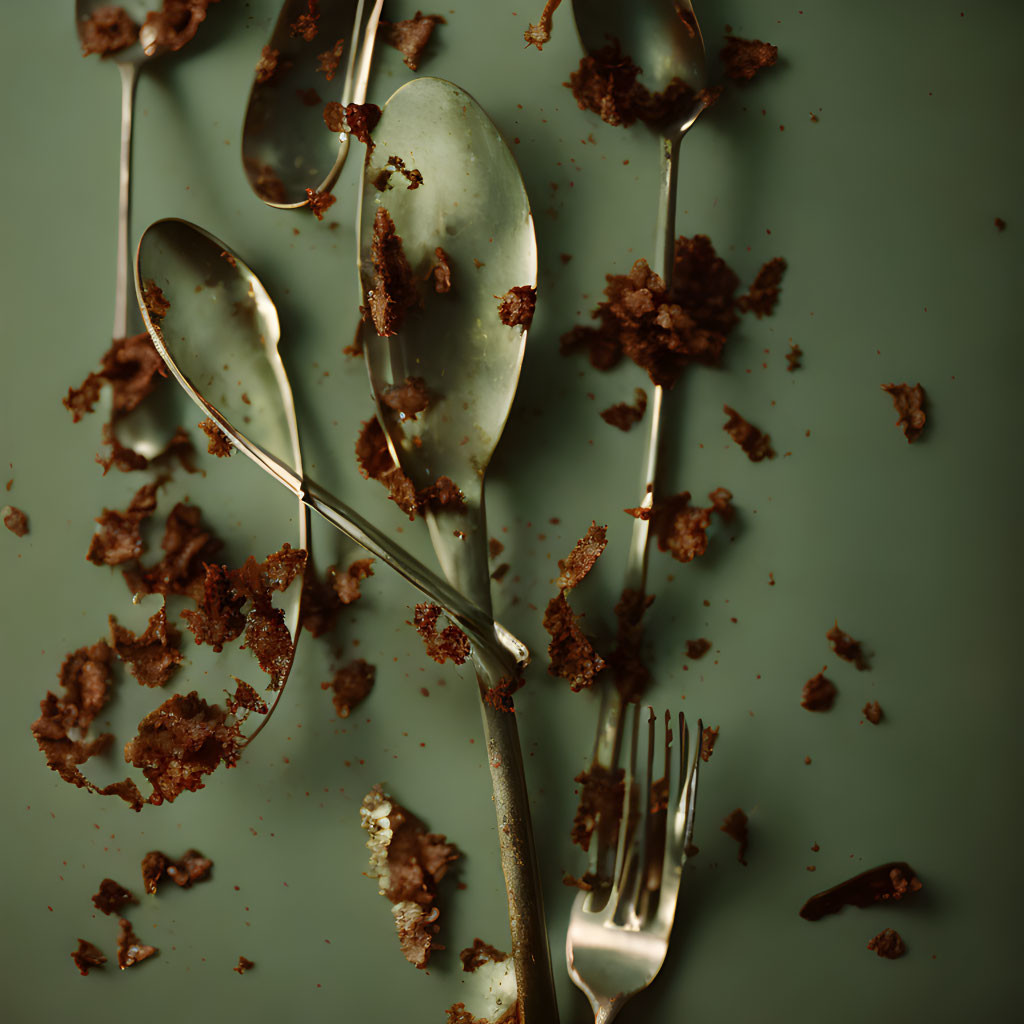 Kitchen utensils and cake crumbs on teal surface