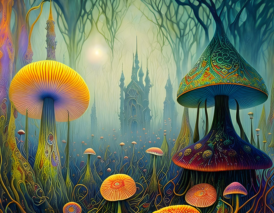 Vibrant oversized mushrooms in mystical forest setting