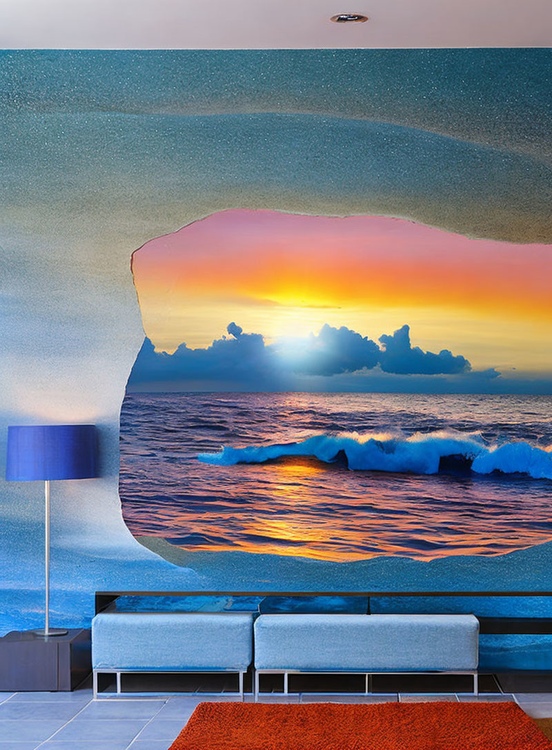 Colorful sunset ocean mural with modern furniture and blue lamp