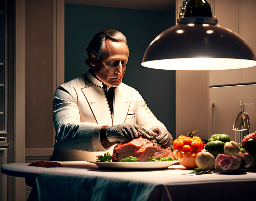 Man in White Dinner Jacket Prepares Food Surrounded by Fresh Ingredients