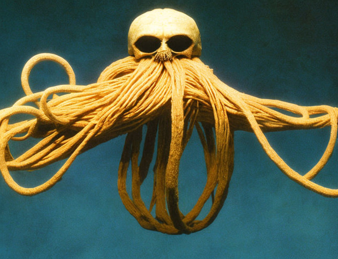 Skull with octopus-like tendrils on blue background