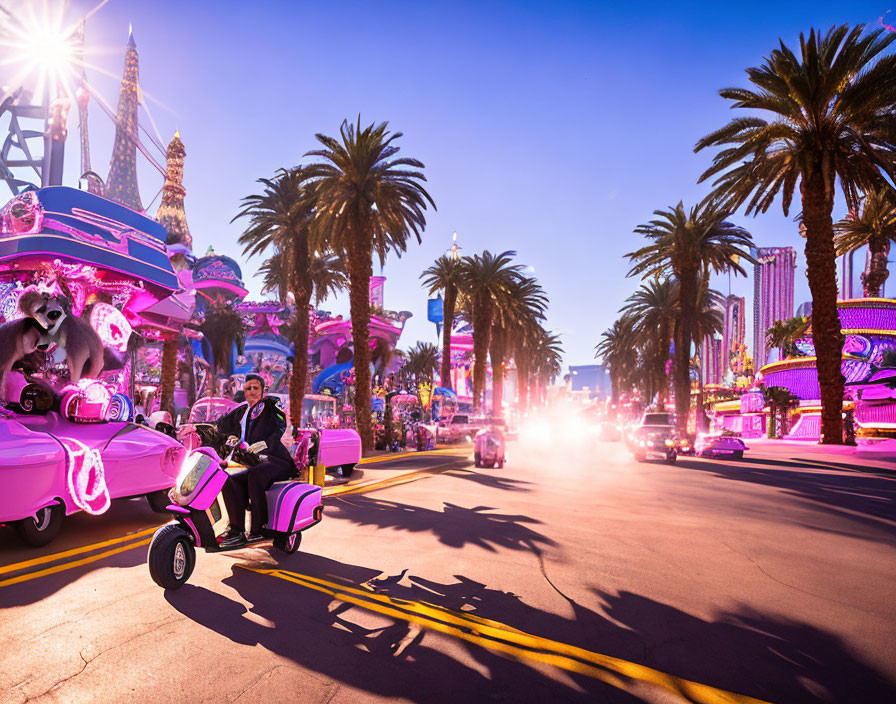 Colorful street scene with pink scooter, car, palm trees, lights, Ferris wheel, and