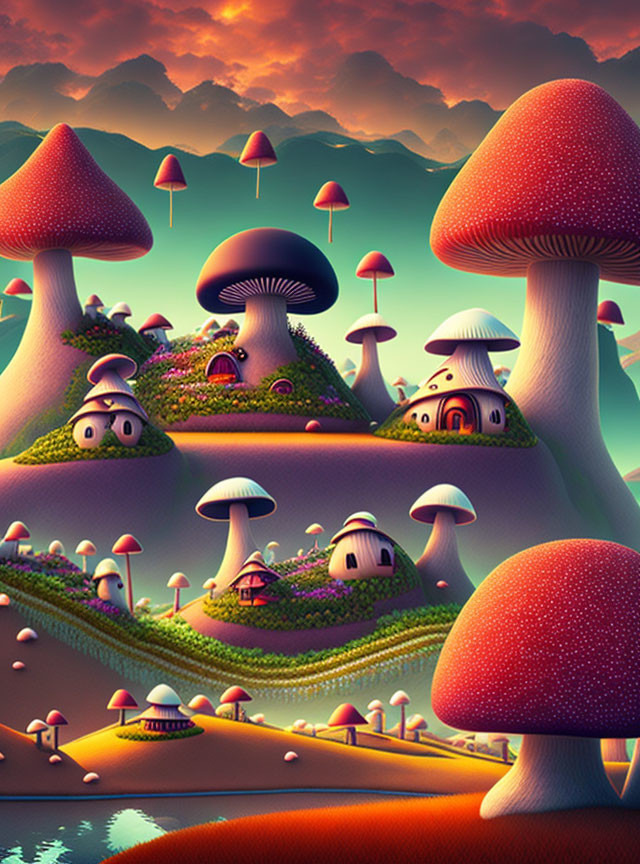 Whimsical landscape with giant mushrooms and hills at dusk