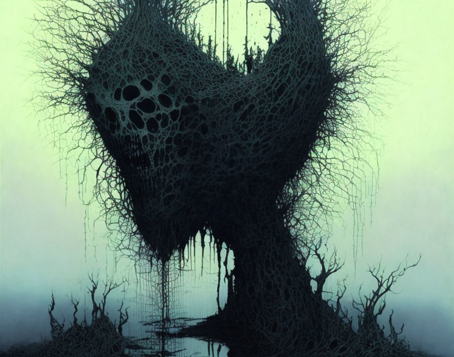 Eerie dark fantasy landscape with skull-shaped tree