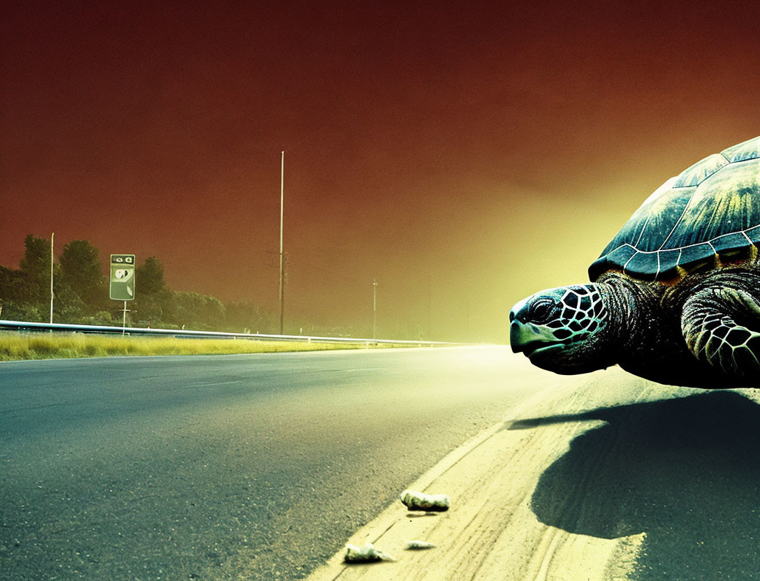 Turtle on road under reddish sky with traffic signs