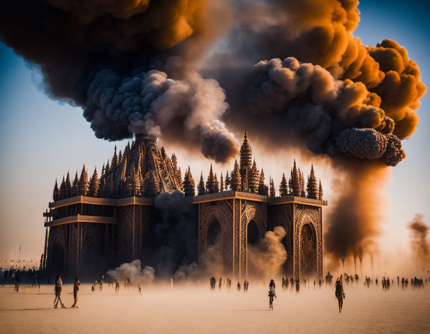 Intricate temple structure in smoke with silhouetted figures at sunset