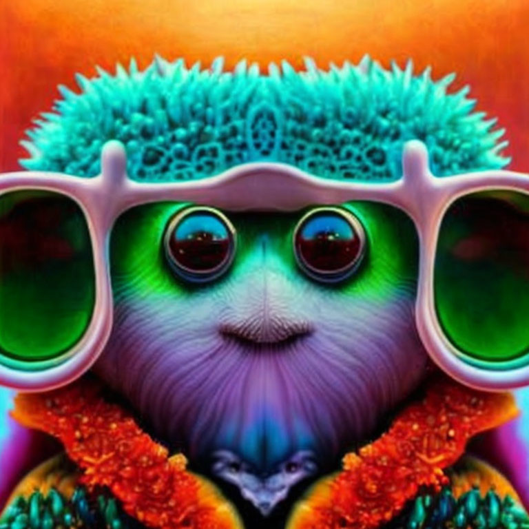 Colorful digital artwork: Whimsical creature with green-tinted sunglasses