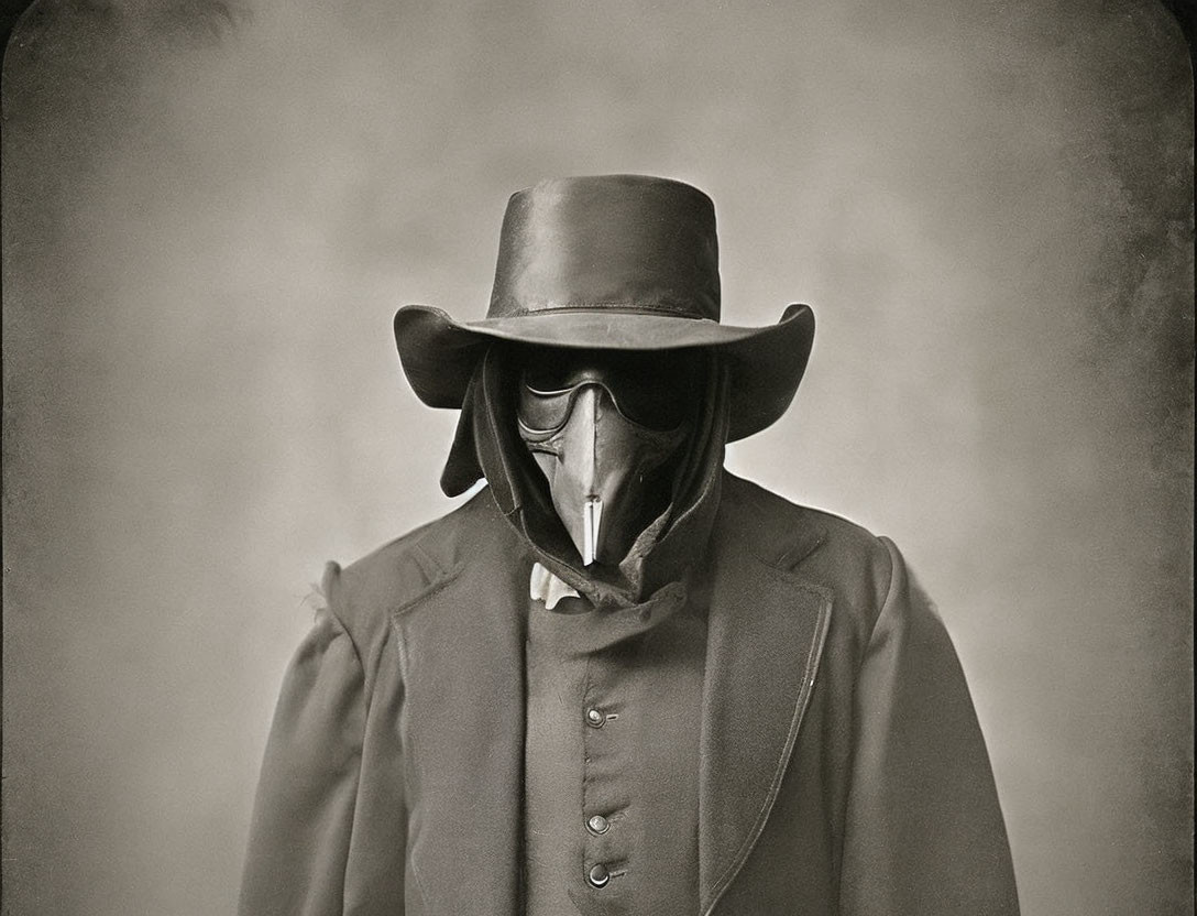 Plague doctor mask and wide-brimmed hat on cloaked figure.