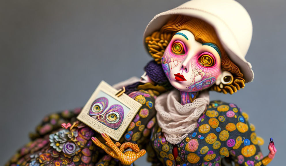 Colorful Day of the Dead figurine with intricate face paint and patterned outfit