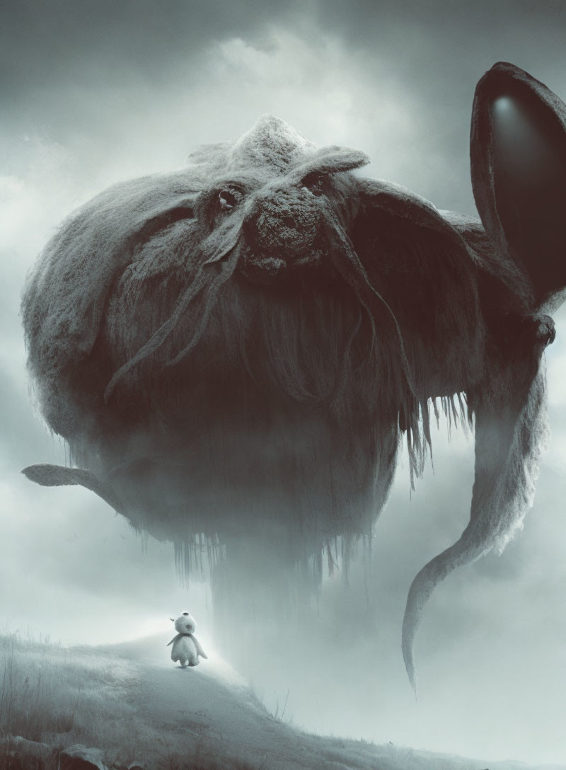 Monochromatic image: Giant creature with tusks and long hair facing small figure on misty hill