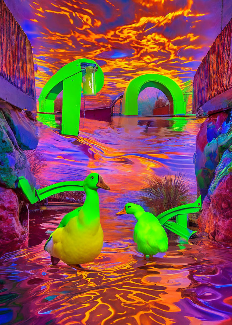 Surreal neon landscape with vibrant yellow rubber ducks