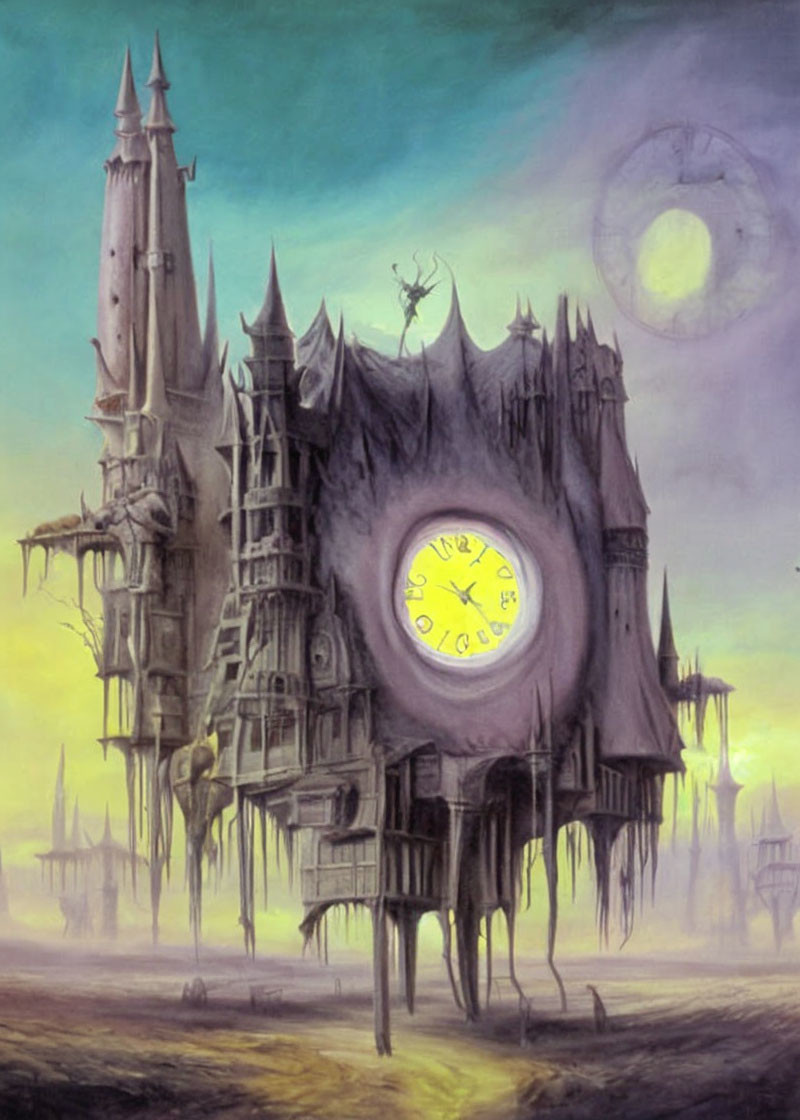 Fantasy castle with clock, spires, and moonlit sky