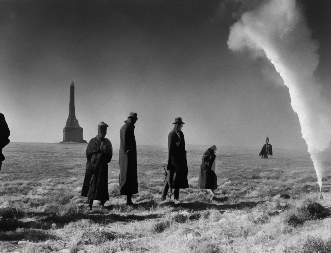 Monochrome image: People with hats in field, tornado, distant tower