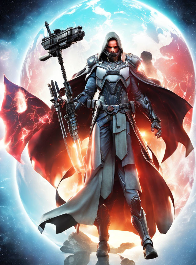 Futuristic warrior in cape and armor with Earth backdrop.