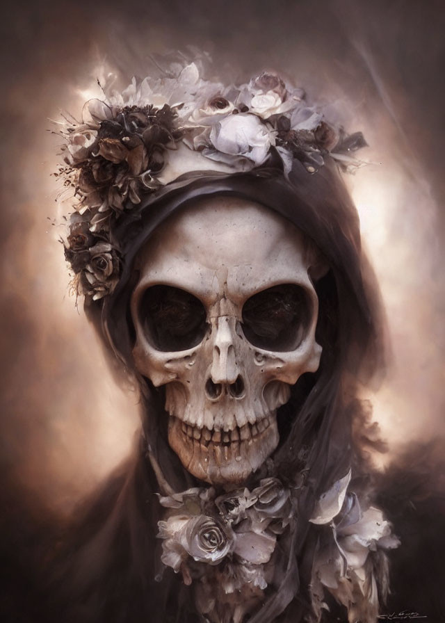 Skull with Veil and Floral Crown in Sepia Background