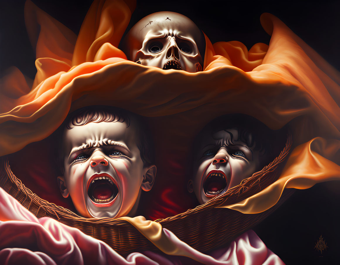 Surreal artwork: Crying children, skull, orange and pink fabrics on dark background