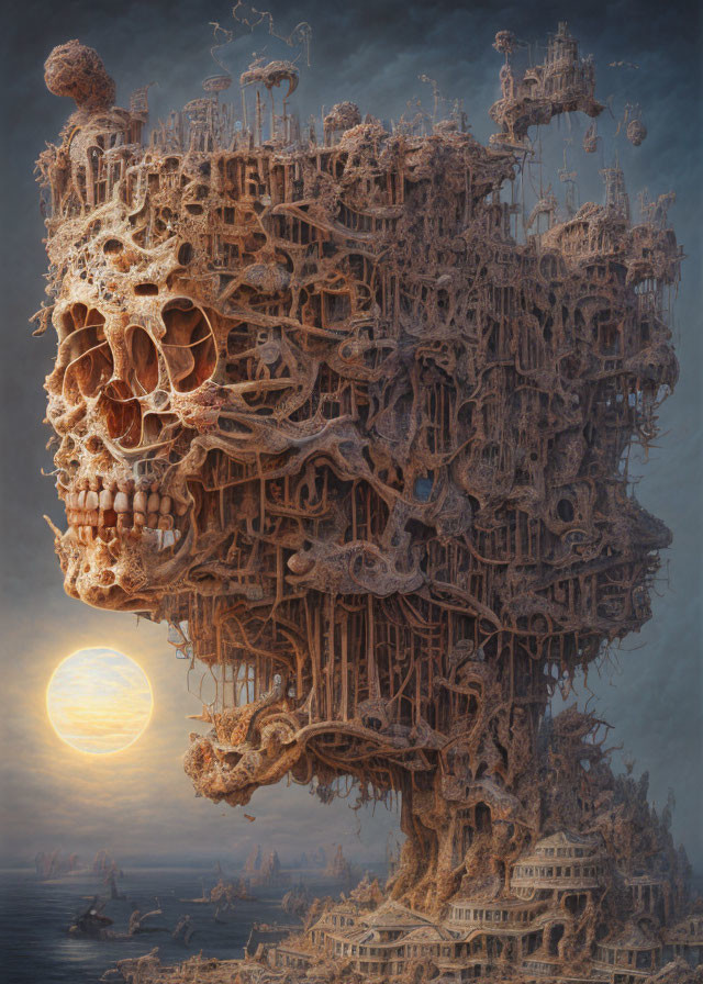 Surreal artwork: Skull-shaped structure over seascape