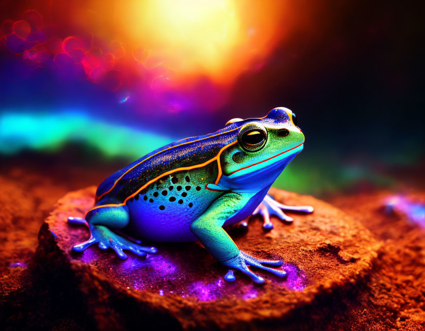 Colorful Frog on Rock with Blue and Orange Hues on Dark Bokeh Background