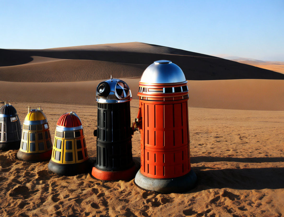 Five Colorful R2-D2 Robots on Desert Sand Dune