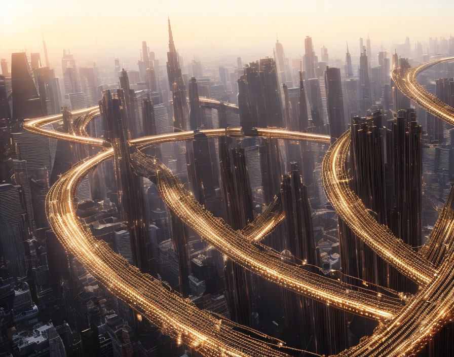 Cityscape at Dusk: Curving Highways Amid High-Rise Buildings