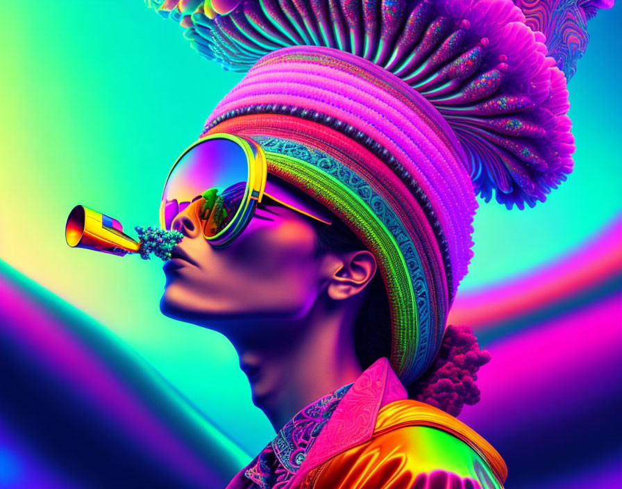 Colorful portrait of a person in sunglasses with elaborate headpiece blowing a party horn