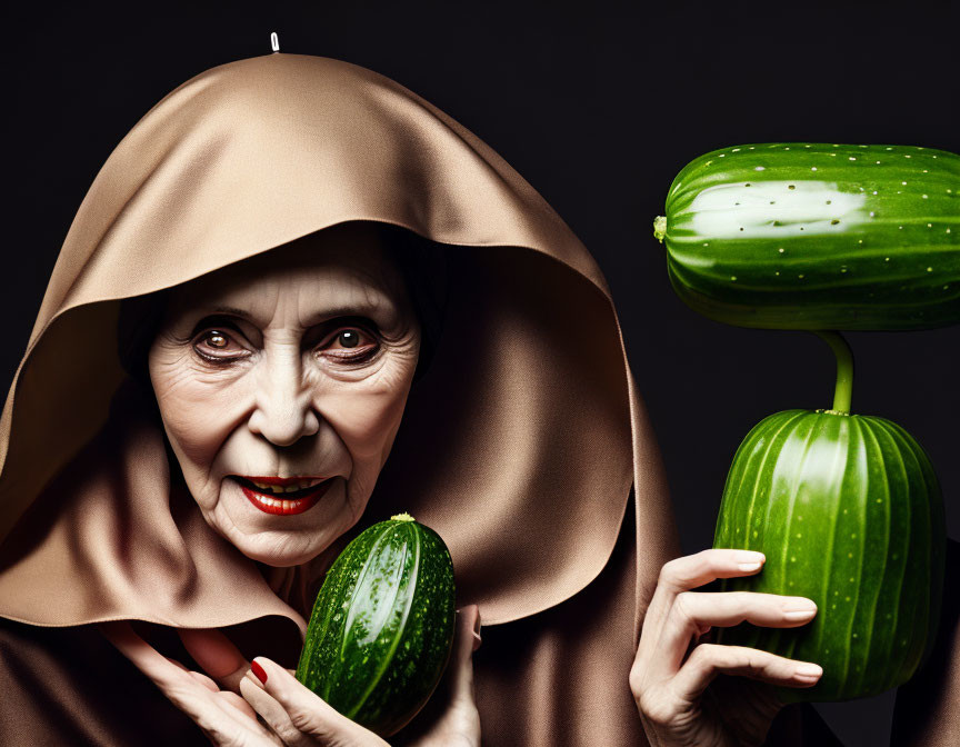 Elder Person Holding Fresh Green Cucumber with Sliced Vertical Cucumber