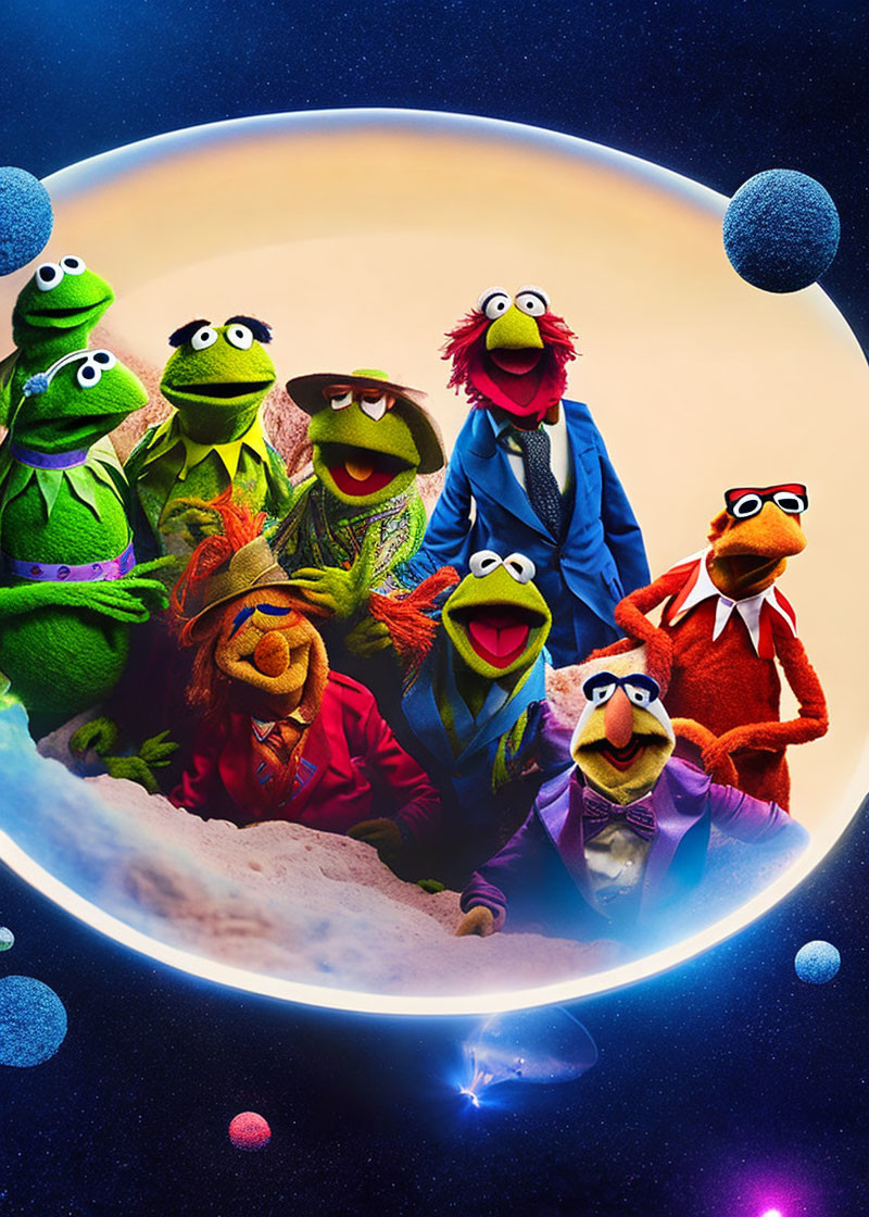 Vibrant Muppet Characters in Circular Portal Against Cosmic Background