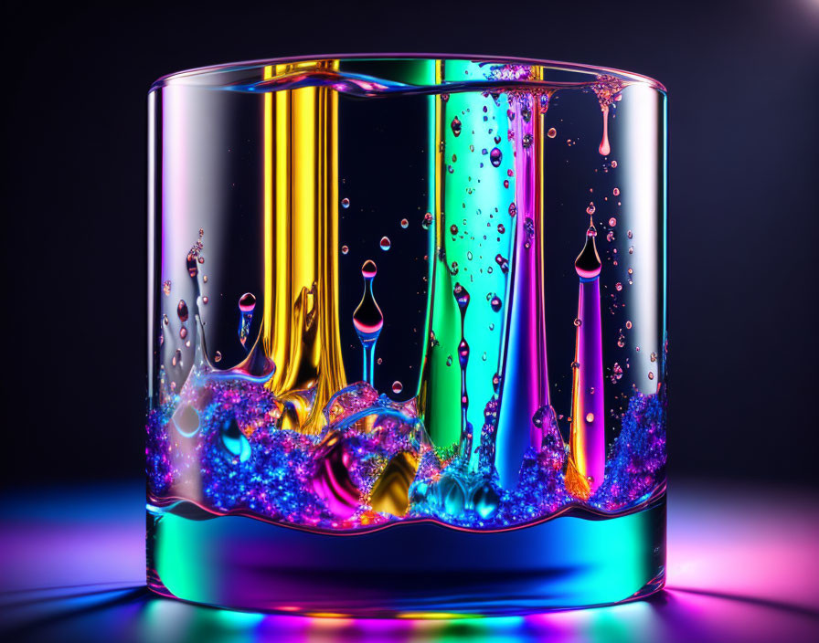 Colorful liquid splashes in transparent container on dark background