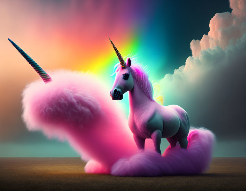 Colorful Stylized Unicorns on Fluffy Cloud in Vibrant Sky