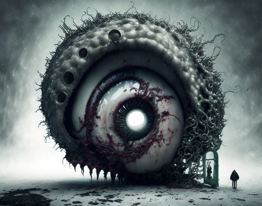 Gigantic bloodshot eye in circular structure with tendrils in surreal landscape.