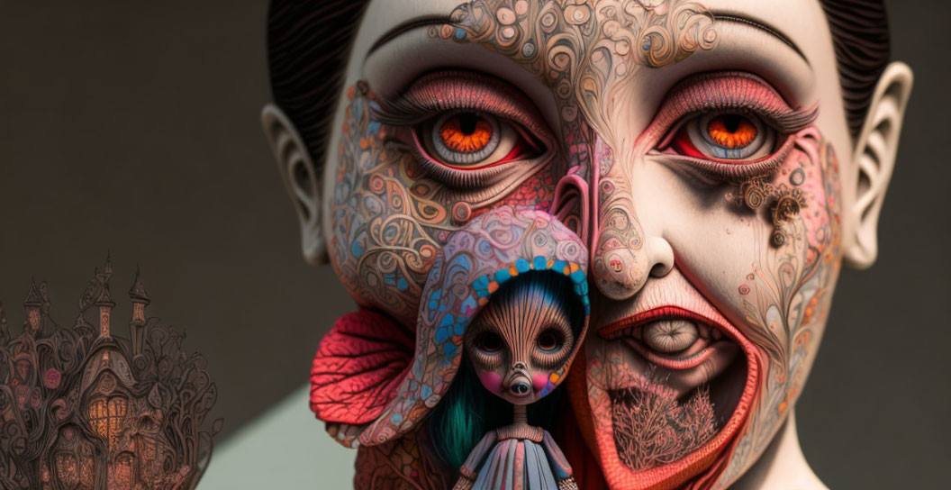 Intricate surreal digital art with colorful eyes and stylized figure