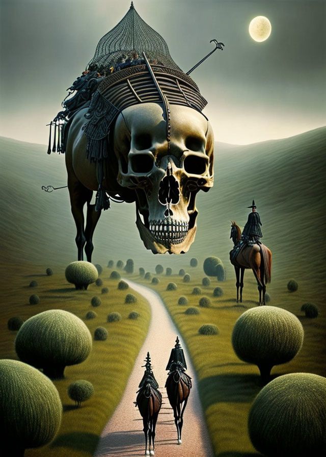 Surreal landscape with riders, gigantic skull, ornate helmet, moonlit sky, rolling hills