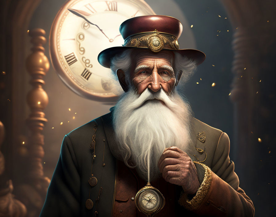 Elderly steampunk gentleman with top hat, monocle, beard, pocket watch, and