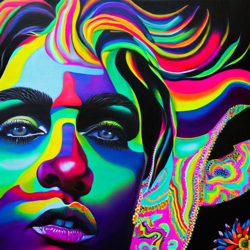 Colorful neon paint transforms woman's face with abstract patterns.