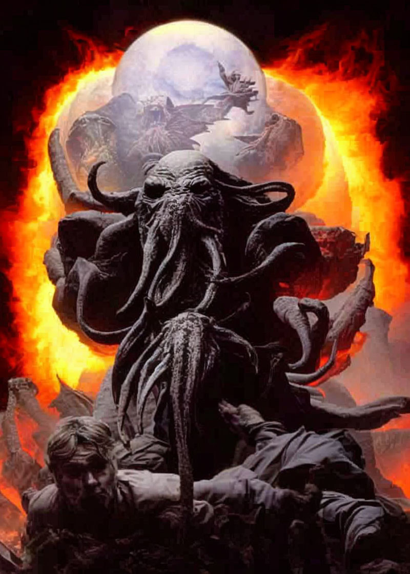 Giant tentacled entity looms over human figure in fiery setting